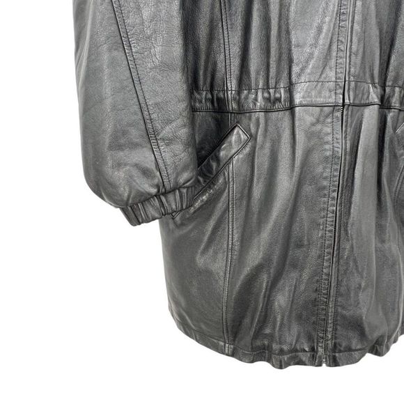 Vintage 90s Wilsons Leather Hooded Drawstring Waist Anorak Parka Jacket Coat - Picture 3 of 7